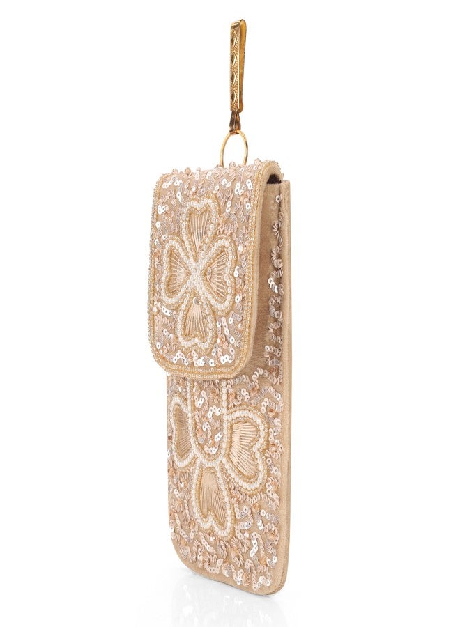 JI ACCESSORIES Velvet Saree Clutch Mobile Pouch Waist Clip Ladies Purse Gift For Women (FLOWER LIGHT BROWN) - Image 3